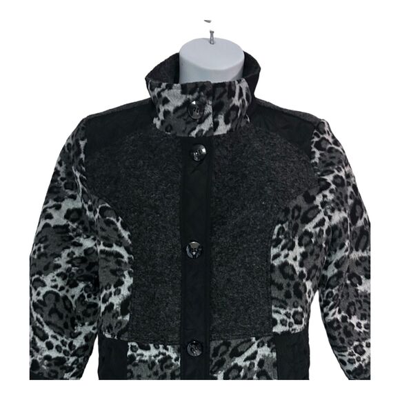Midnight Velvet Quilted Mixed Media Gray Black Leopard Thigh Length Jacket - Picture 9 of 15